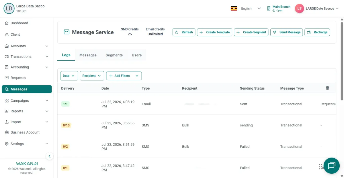 Message Service header showing SMS credits and the Create Template action above the Logs tab