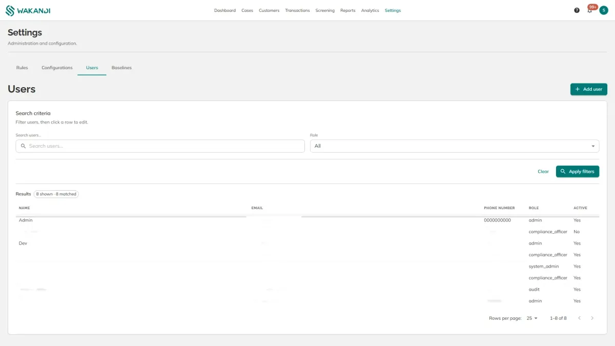 Settings, Users, listing each user with their role and whether they are active