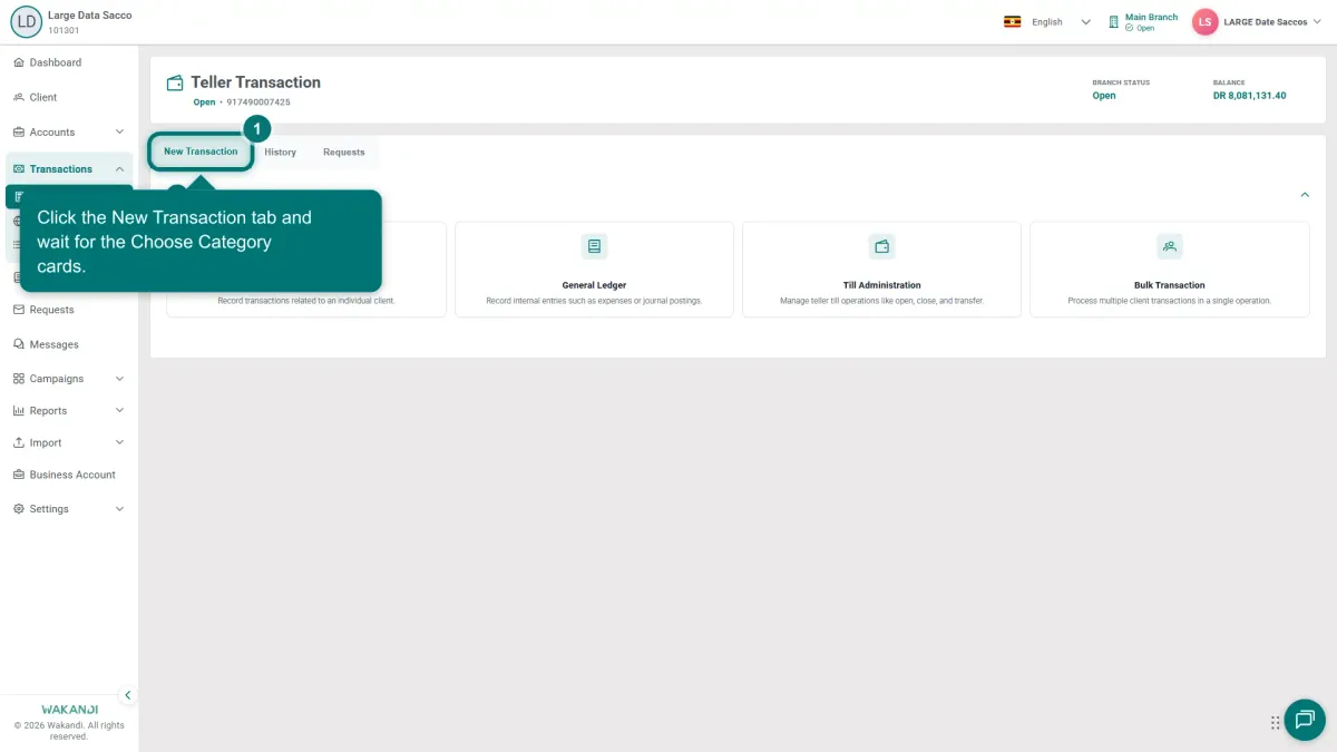 The Teller Transaction page with the New Transaction tab highlighted