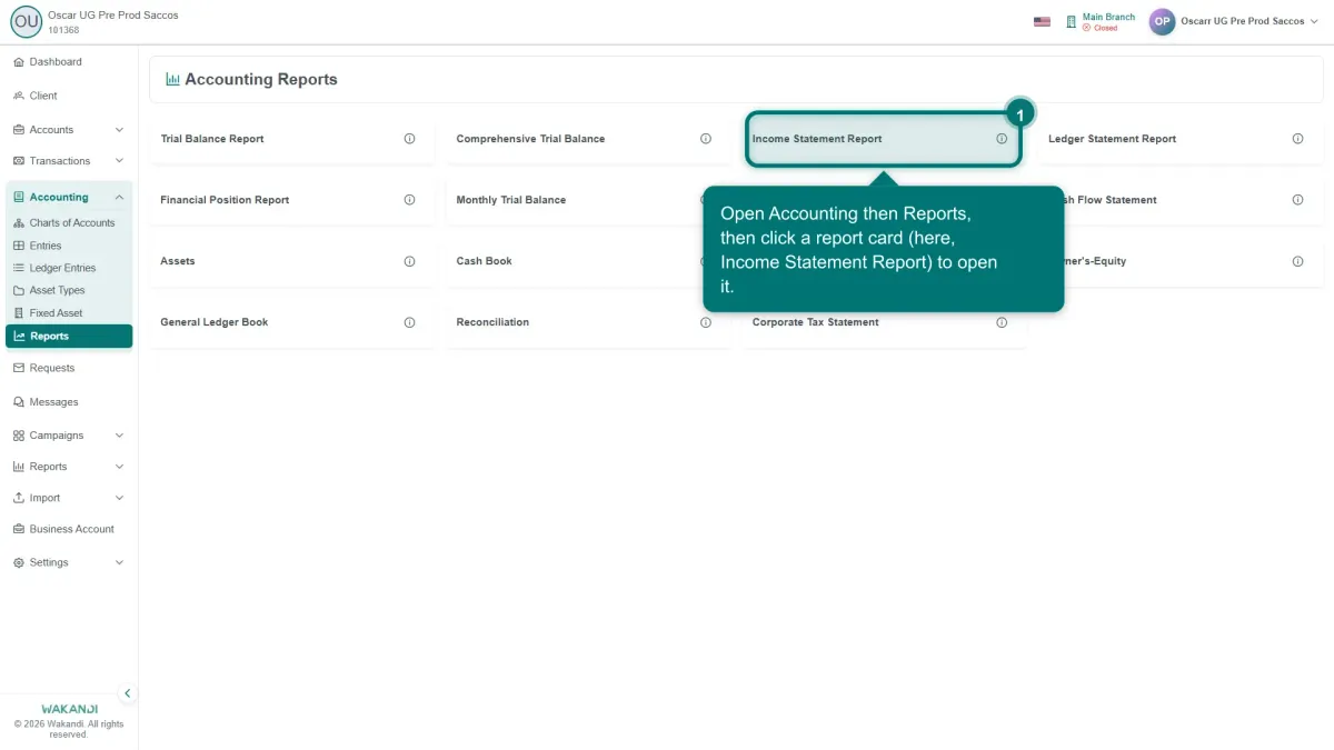 The Accounting Reports screen with its report cards, including Trial Balance Report, Income Statement Report and Financial Position Report