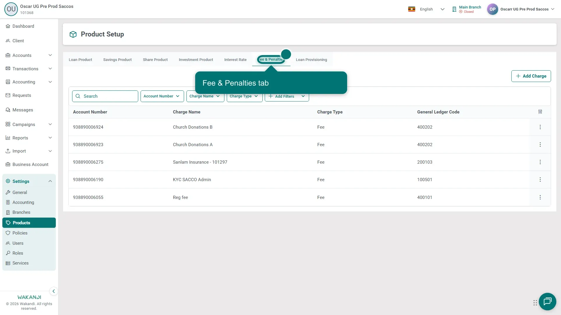 Product Setup with the Fee and Penalties tab highlighted