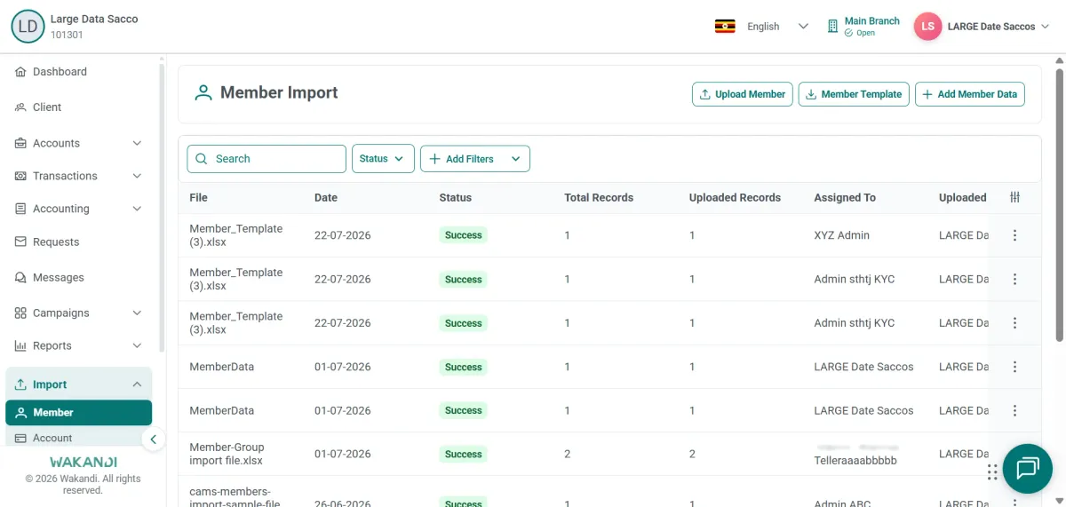 Member Import page listing past upload batches beside the Upload Member, Member Template and Add Member Data buttons