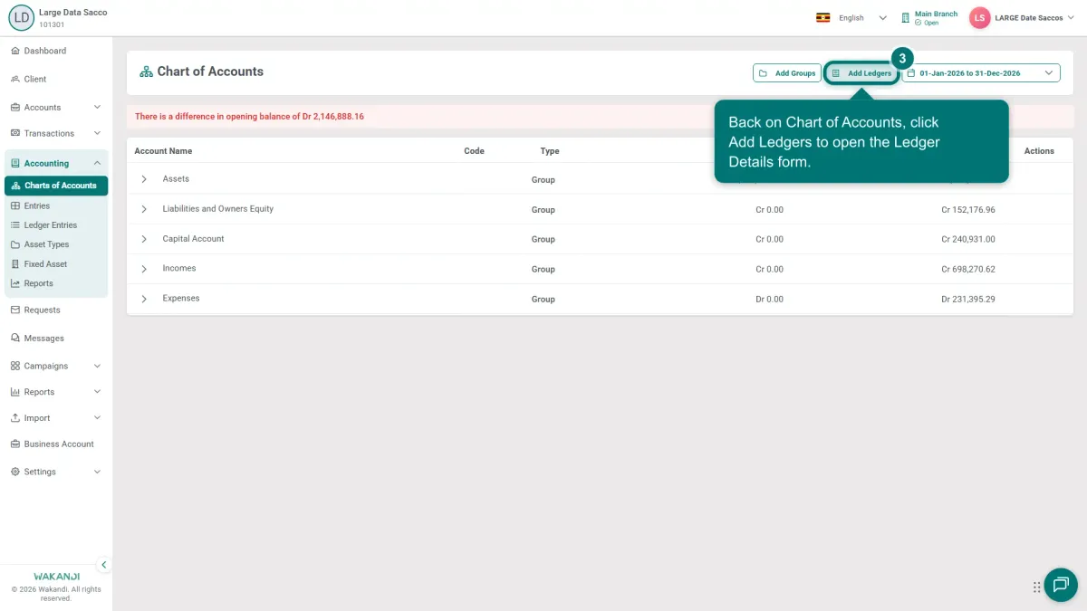 The Chart of Accounts screen with the Add Ledgers button highlighted