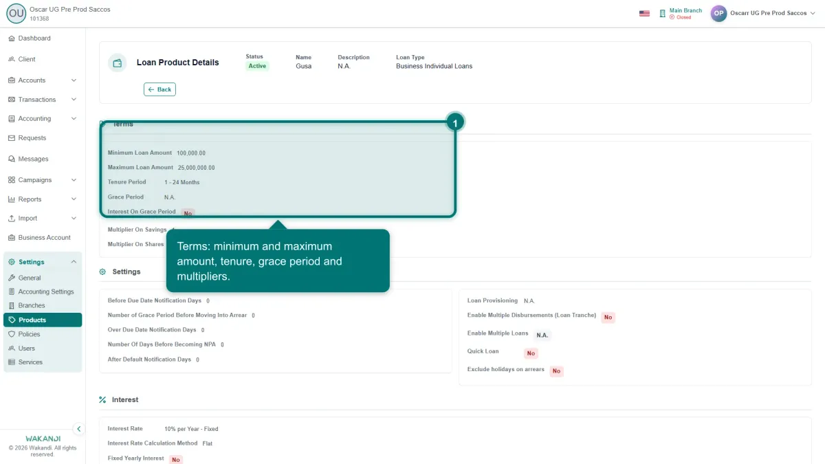 The Terms section of a loan product, showing the minimum and maximum loan amount, tenure period and grace period