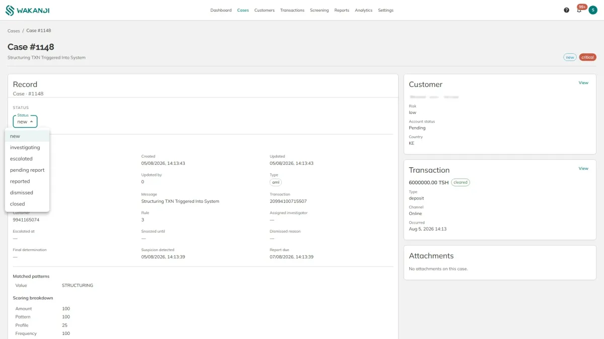 The Status list on a case, showing the seven states a case can move through