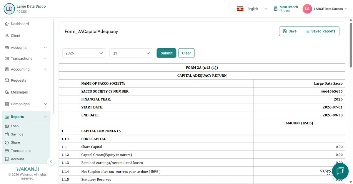 Form 2A open for 2026 Q3 showing capital adequacy return sections and calculated amounts