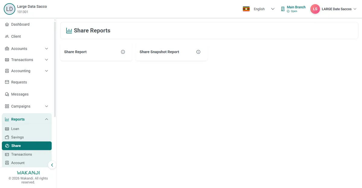 Share Reports hub showing the Share Report and Share Snapshot Report cards with Share selected in the sidebar