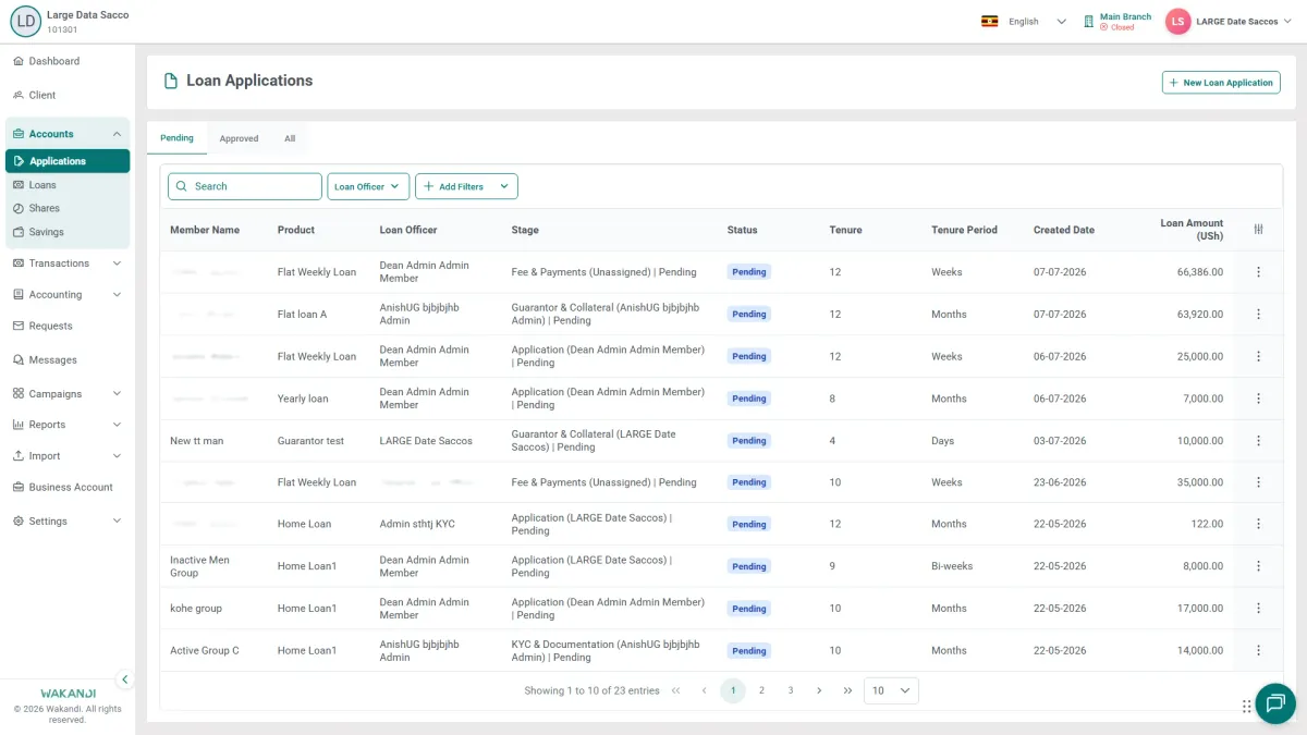 The Loan Applications page on the Pending tab, with the Pending, Approved and All tabs above the list and columns for Member Name, Product, Loan Officer, Stage, Status and Loan Amount