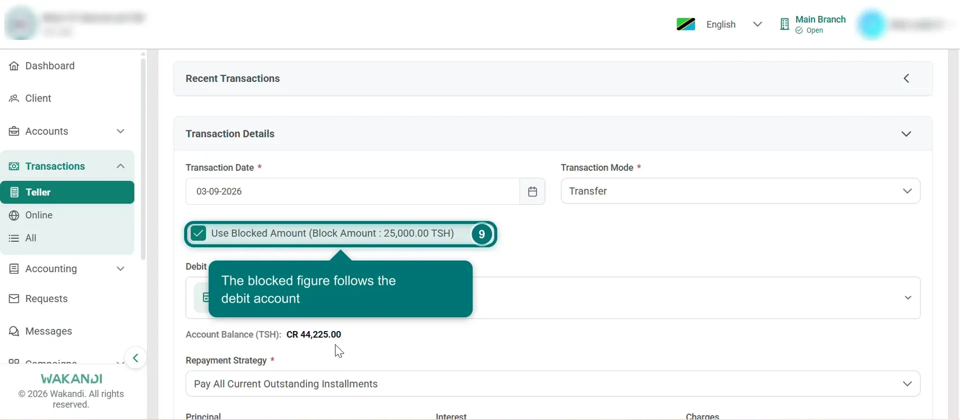 Transfer mode with Use Blocked Amount ticked, showing the blocked figure and the member's account as the Debit Account