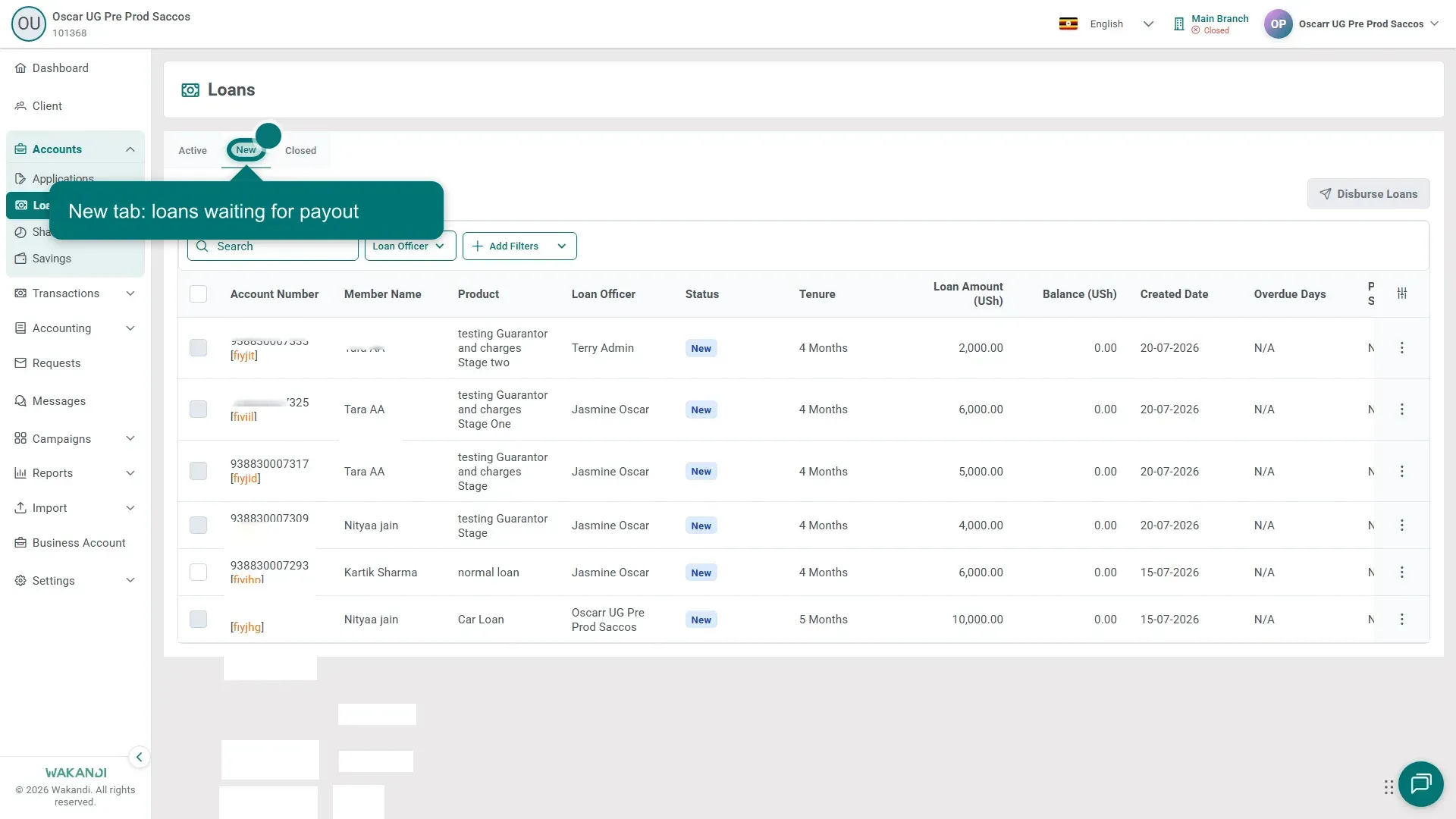 The Loans page on the New tab, listing loan accounts with status New that are waiting for payout