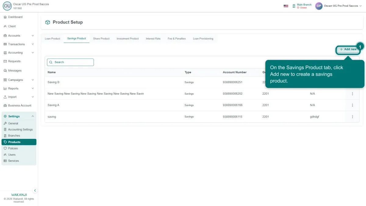 The Savings Product tab of Product Setup, with the savings product list and the Add new button at the top right