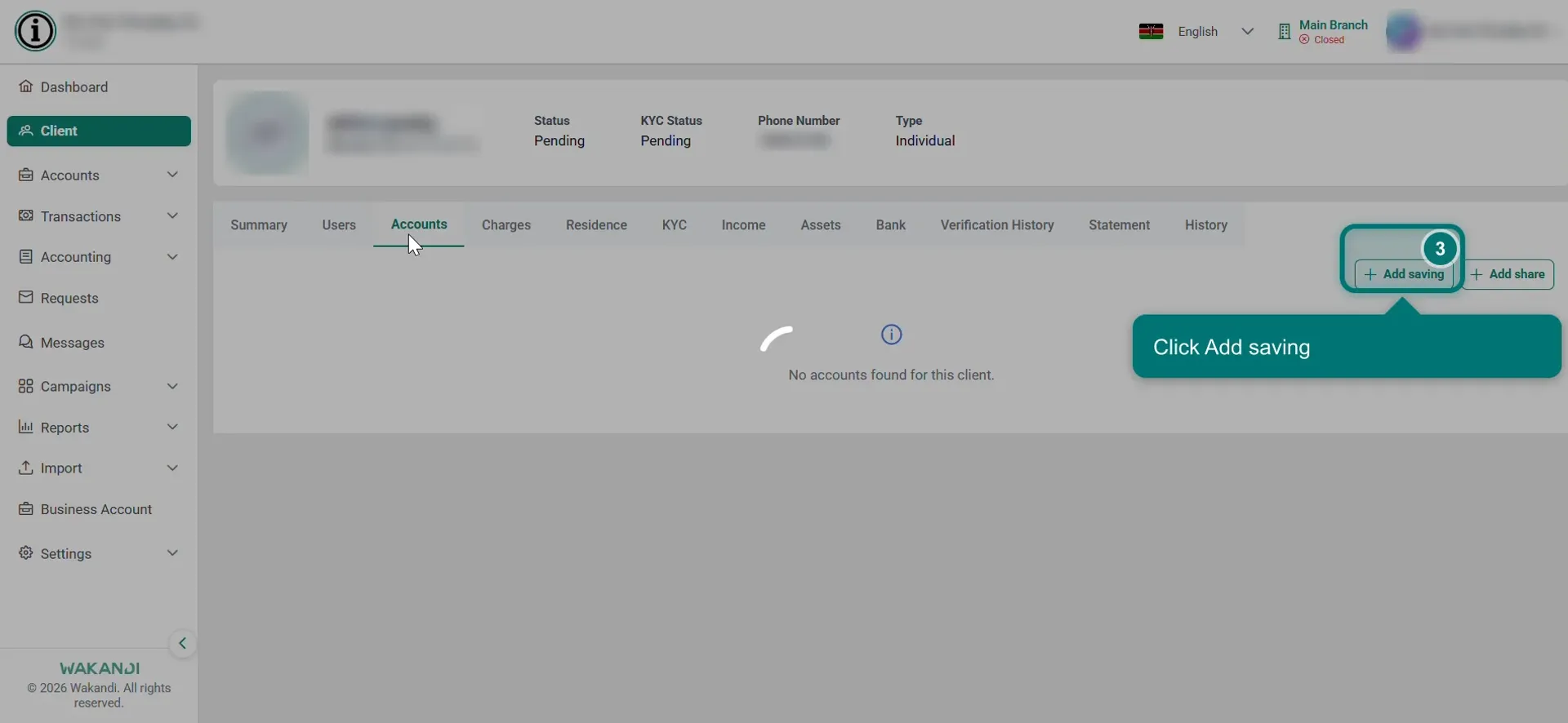 The member's Accounts tab with the Add saving button highlighted