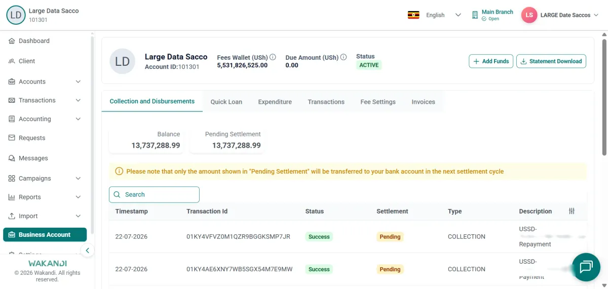 Collection and Disbursements tab with Balance and Pending Settlement cards above the settlement note and collection rows