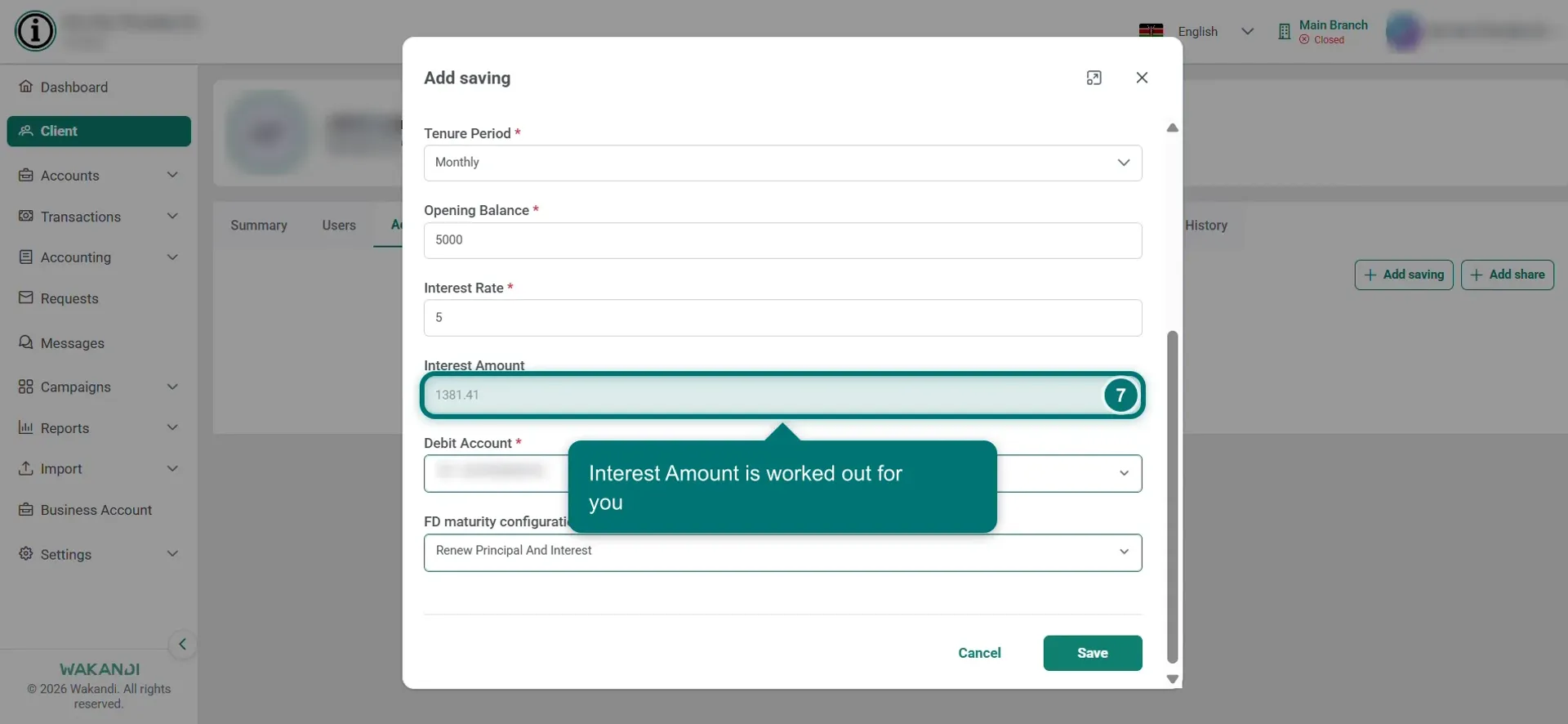 The Add saving window with the Fixed Deposit fields filled in and Interest Amount calculated