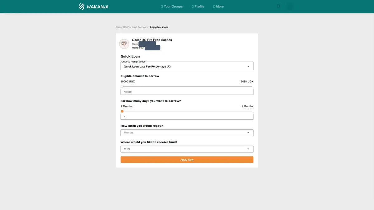 The Quick Loan application form: the loan product list, the eligible amount slider, the borrowing period, the mobile-money line the funds go to, and the Apply Now button at the bottom