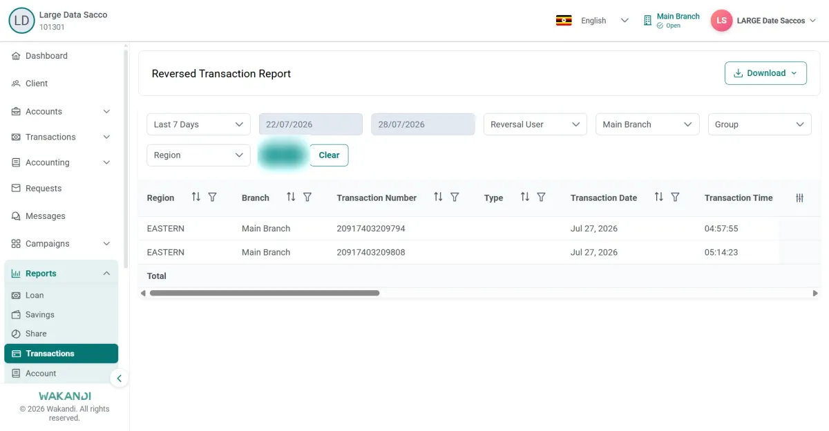 Reversed Transaction Report listing two reversed postings with date filters and a Download button
