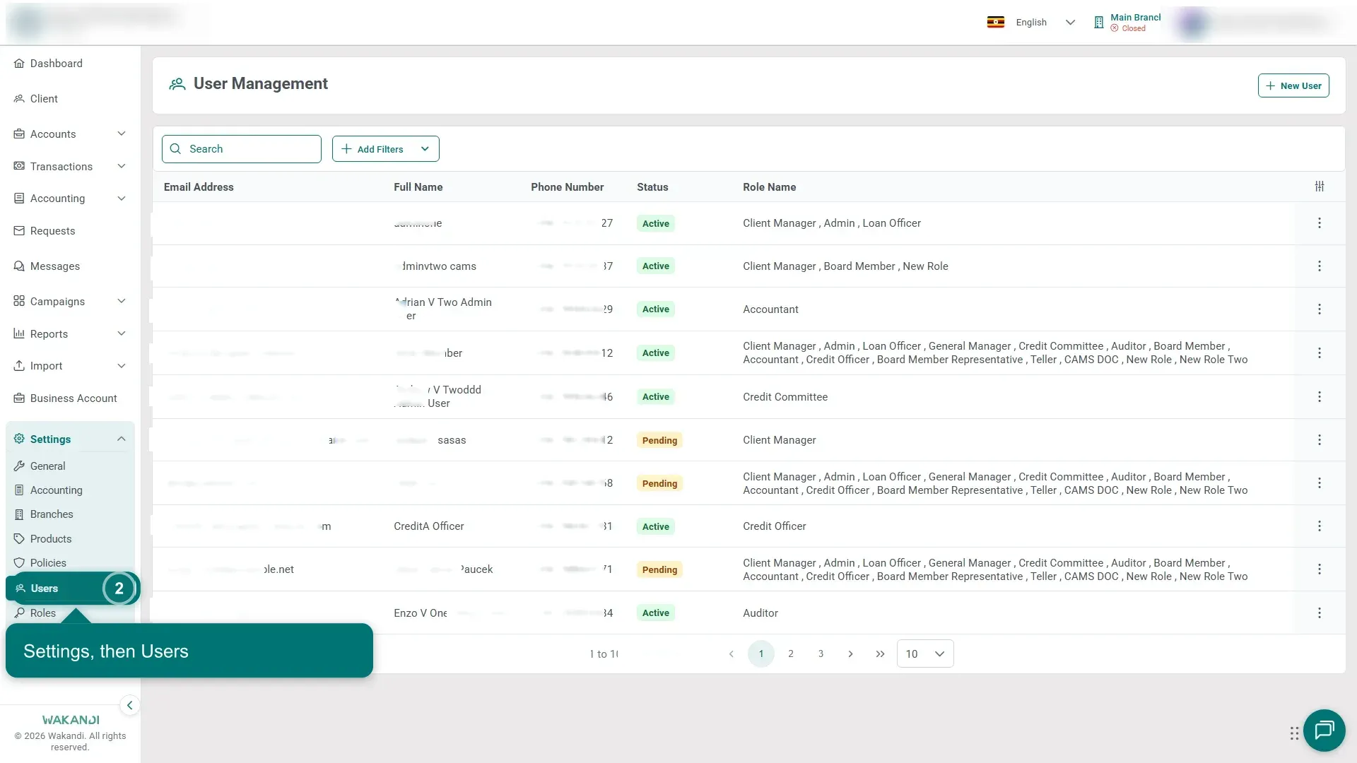 The User Management screen under Settings, listing every administrator