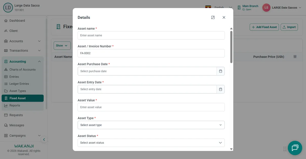 Add Fixed Asset Details form with asset name, invoice number, purchase and entry dates, value and type