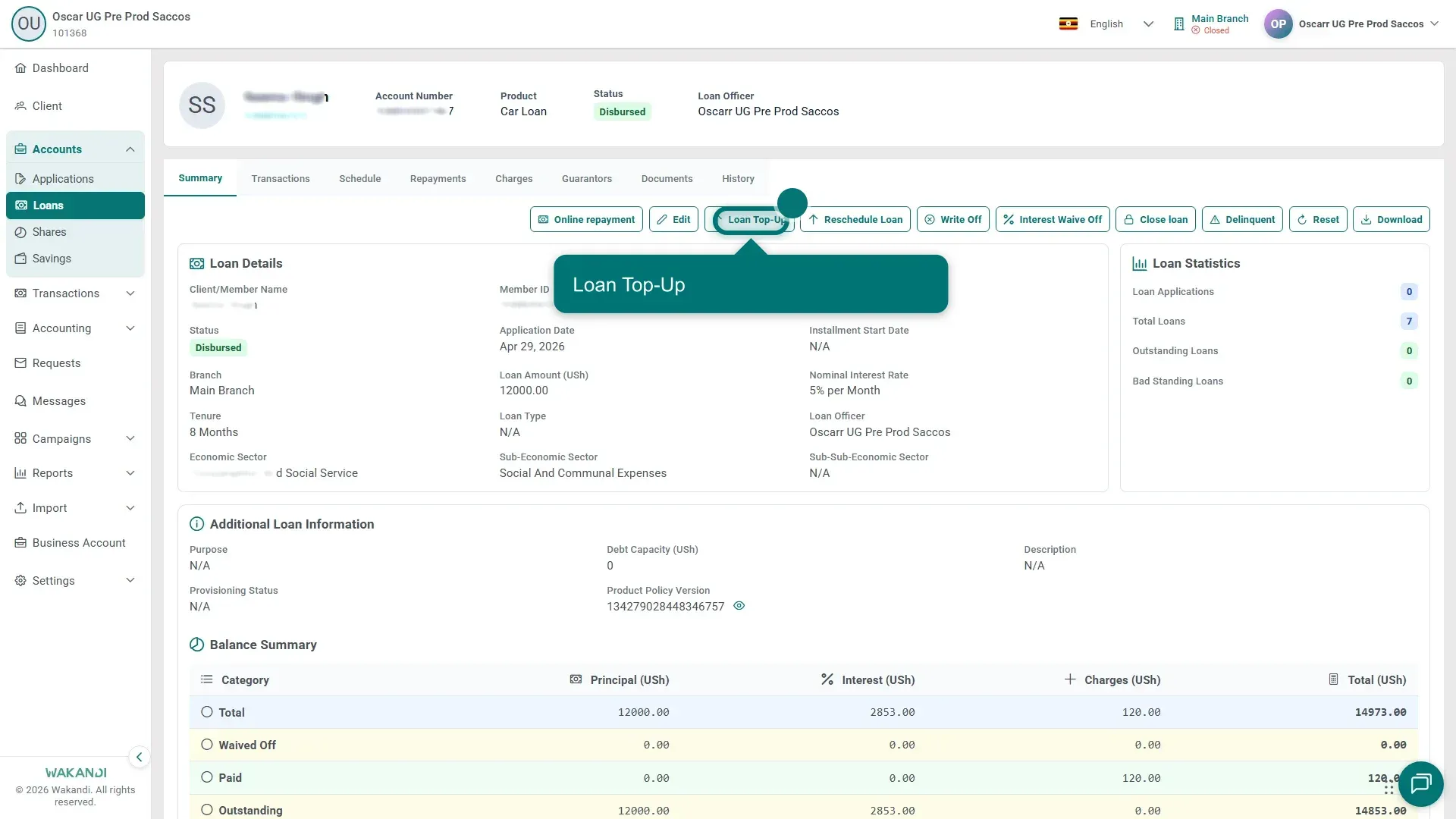 The loan Summary tab with the Loan Top-Up action highlighted among the loan actions
