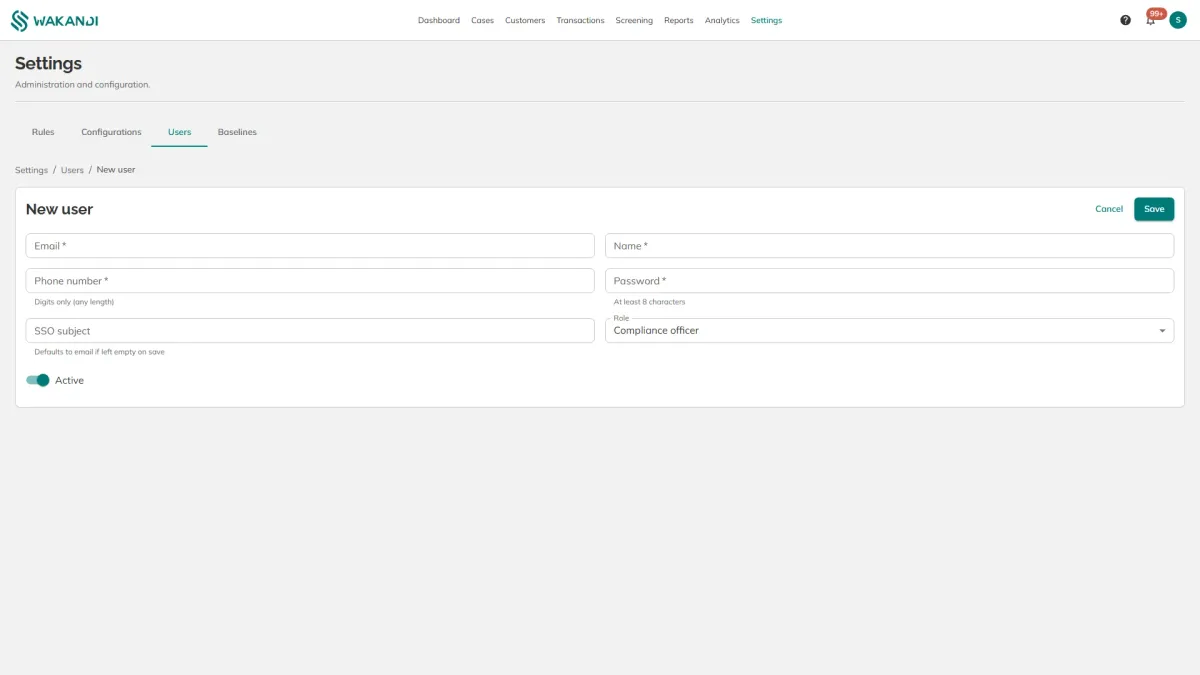 The New user form with the email, name, phone, password and role fields