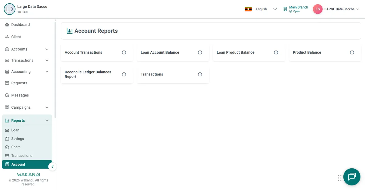 Account Reports hub with cards for Product Balance, Loan Product Balance and Reconcile Ledger Balances Report