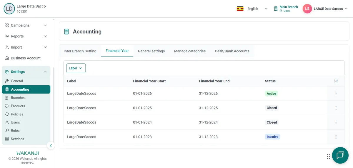 Financial Year tab under Settings Accounting listing each year with start date, end date and status
