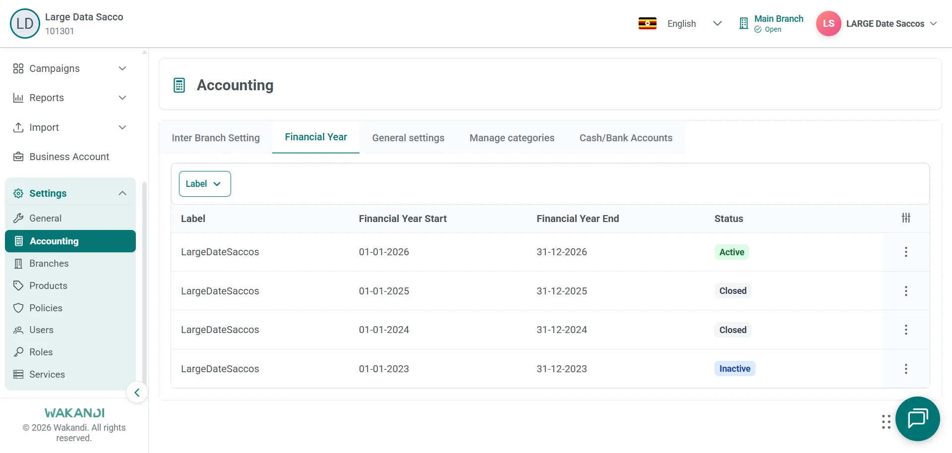 Tab ya Financial Year wansi wa Settings Accounting eraga buli mwaka n'olunaku lw'ogutandika, olw'ogukomekkereza n'embeera yaagwo