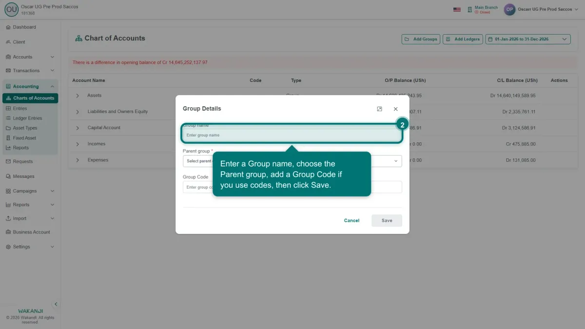 The Add Group form with the Group name field, the Select parent group dropdown and the Group Code field