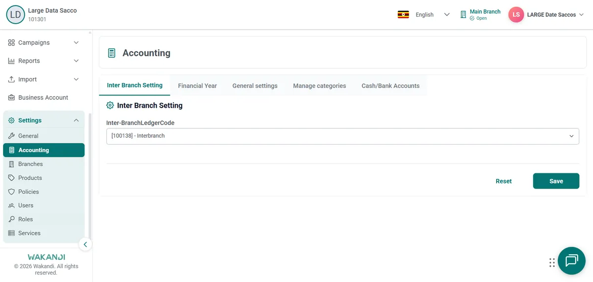 The Accounting settings page open on Inter Branch Setting, with Accounting selected in Settings and the Financial Year tab visible