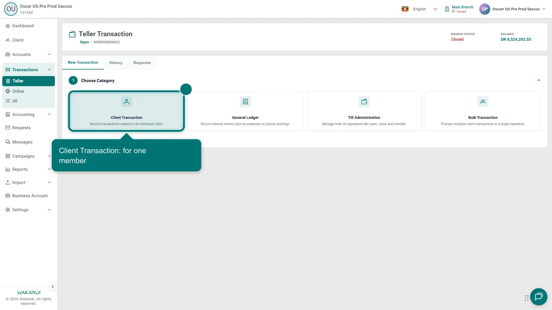 The Choose Category cards on the New Transaction tab: Client Transaction, General Ledger, Till Administration and Bulk Transaction
