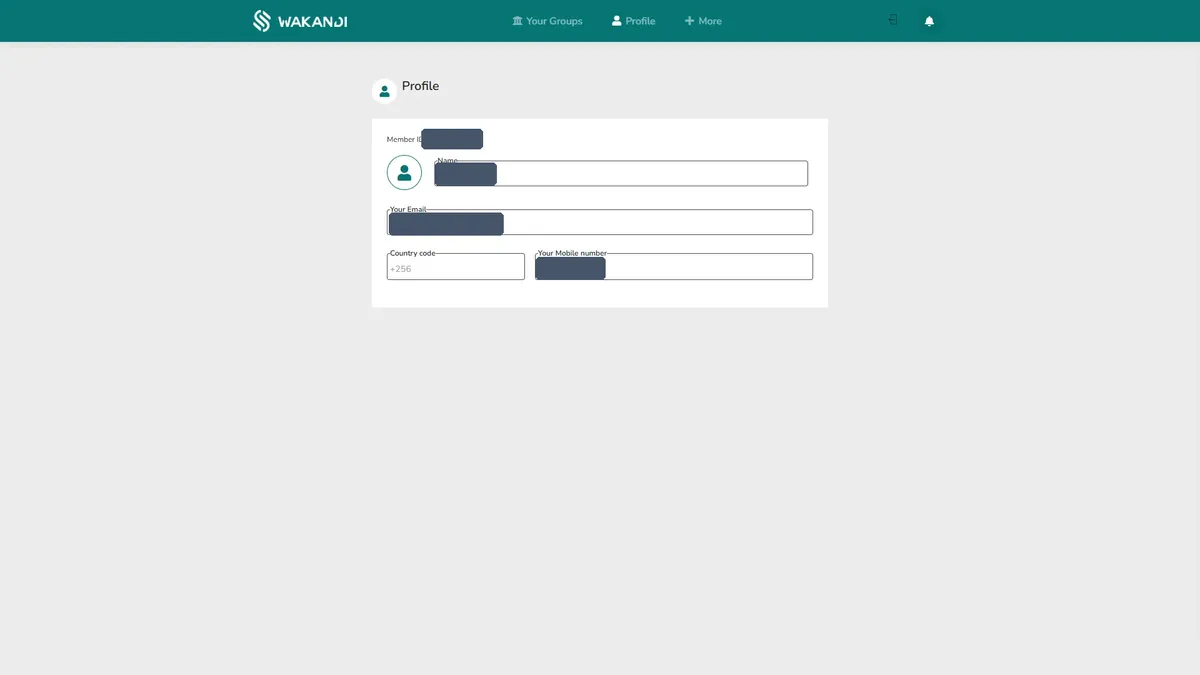 The Profile screen, listing your Member ID, Name, Your Email, Country code and Your Mobile number