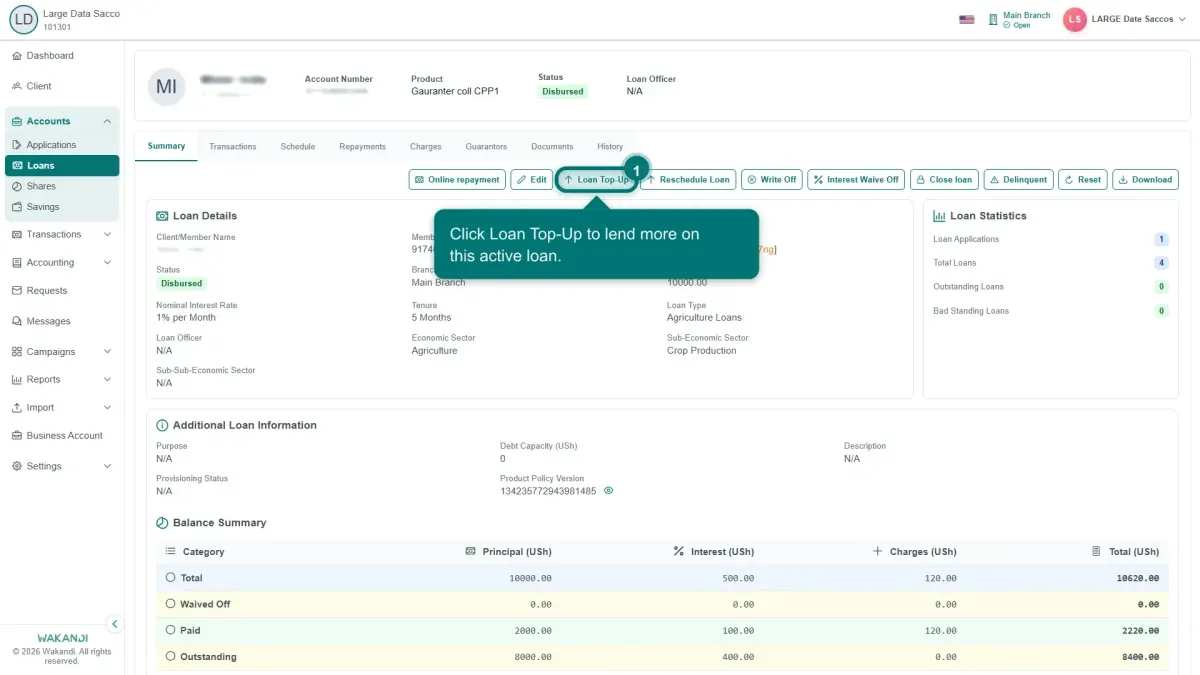 The loan Summary tab with the Loan Top-Up action highlighted among the loan actions