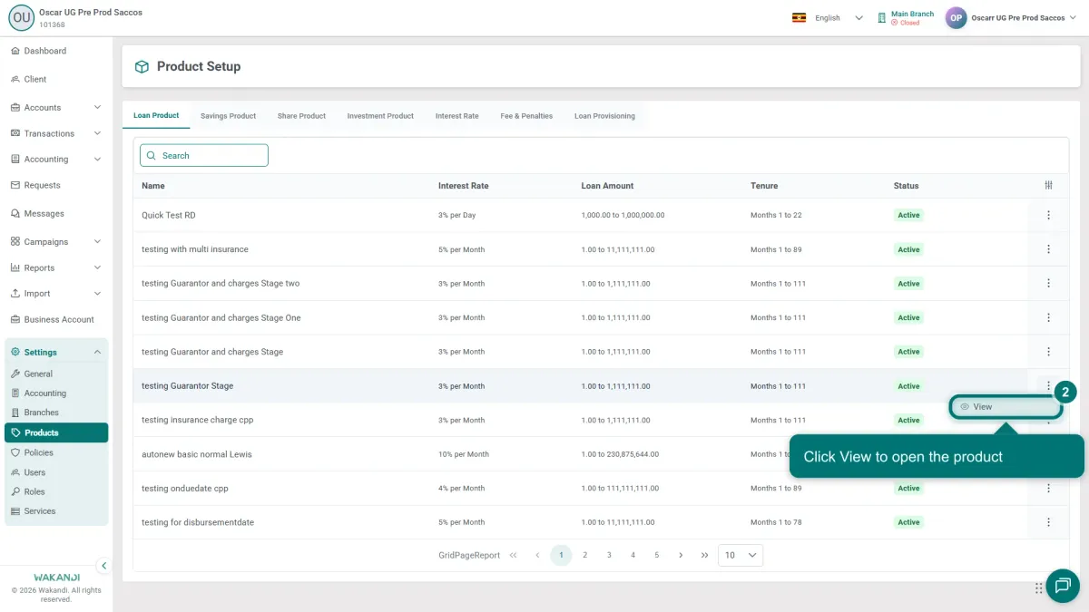 The row menu open on a loan product, with View highlighted