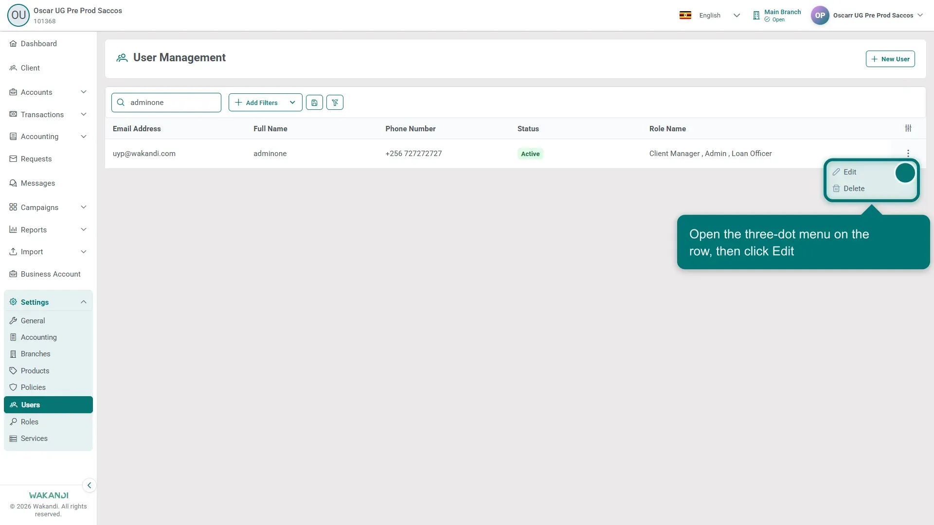 The User Management list narrowed to one administrator, with the three-dot menu open on Edit and Delete