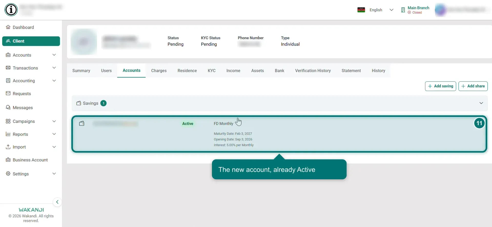 The new Fixed Deposit account shown as Active after saving