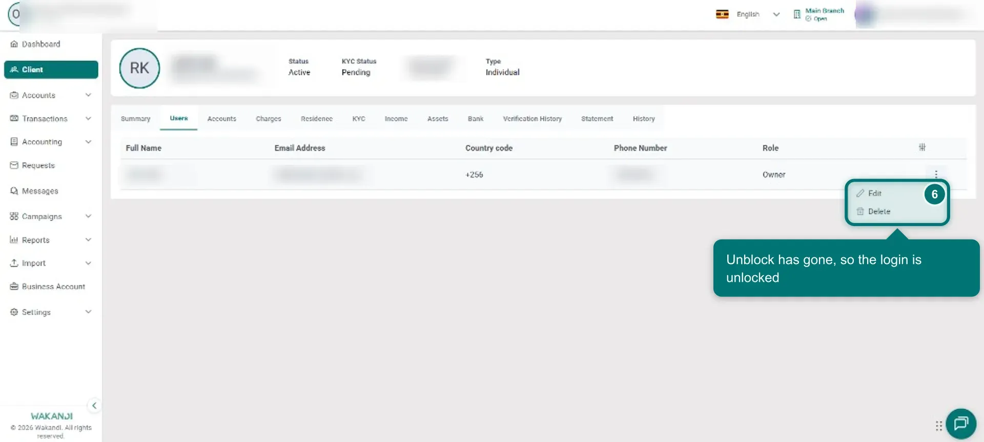The three-dot menu reopened after unblocking, showing only Edit and Delete