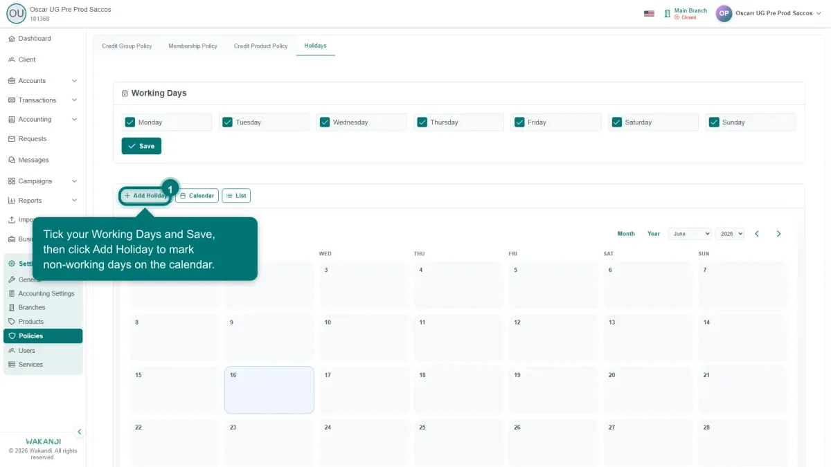 The Holidays tab on the Policies page, with the working-day tick boxes above the holiday table