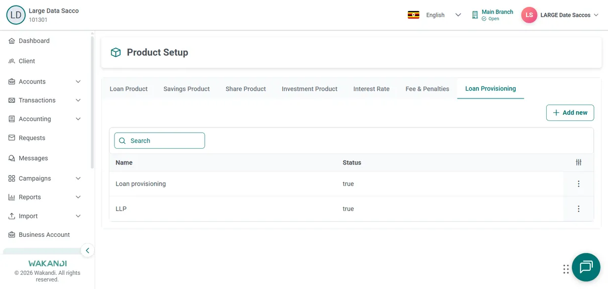 Product Setup open on the Loan Provisioning tab, listing existing criteria with an Add new button