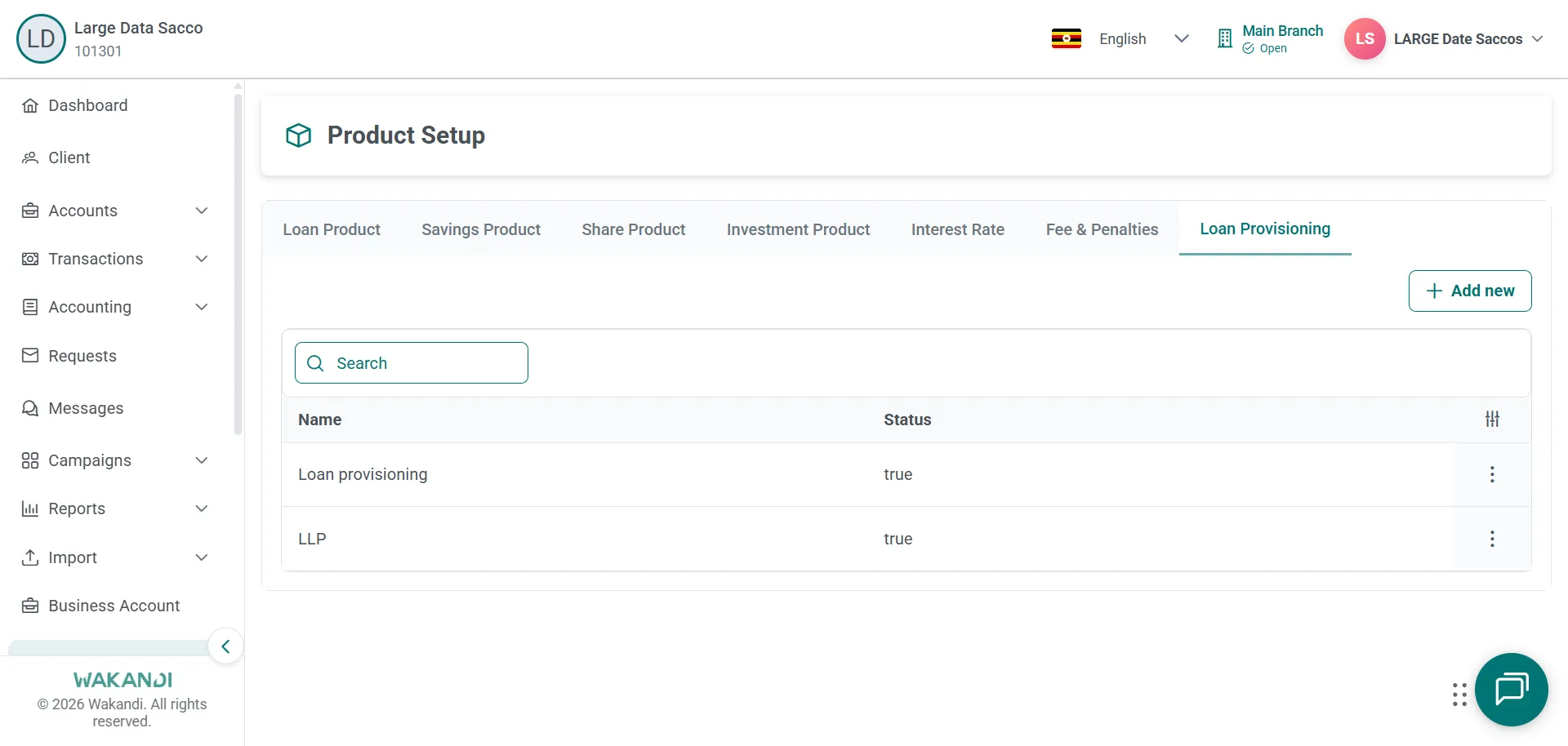Product Setup eguddewo ku tab ya Loan Provisioning, ng'eraga eby'okugereka ebiriko n'akabuto ka Add new