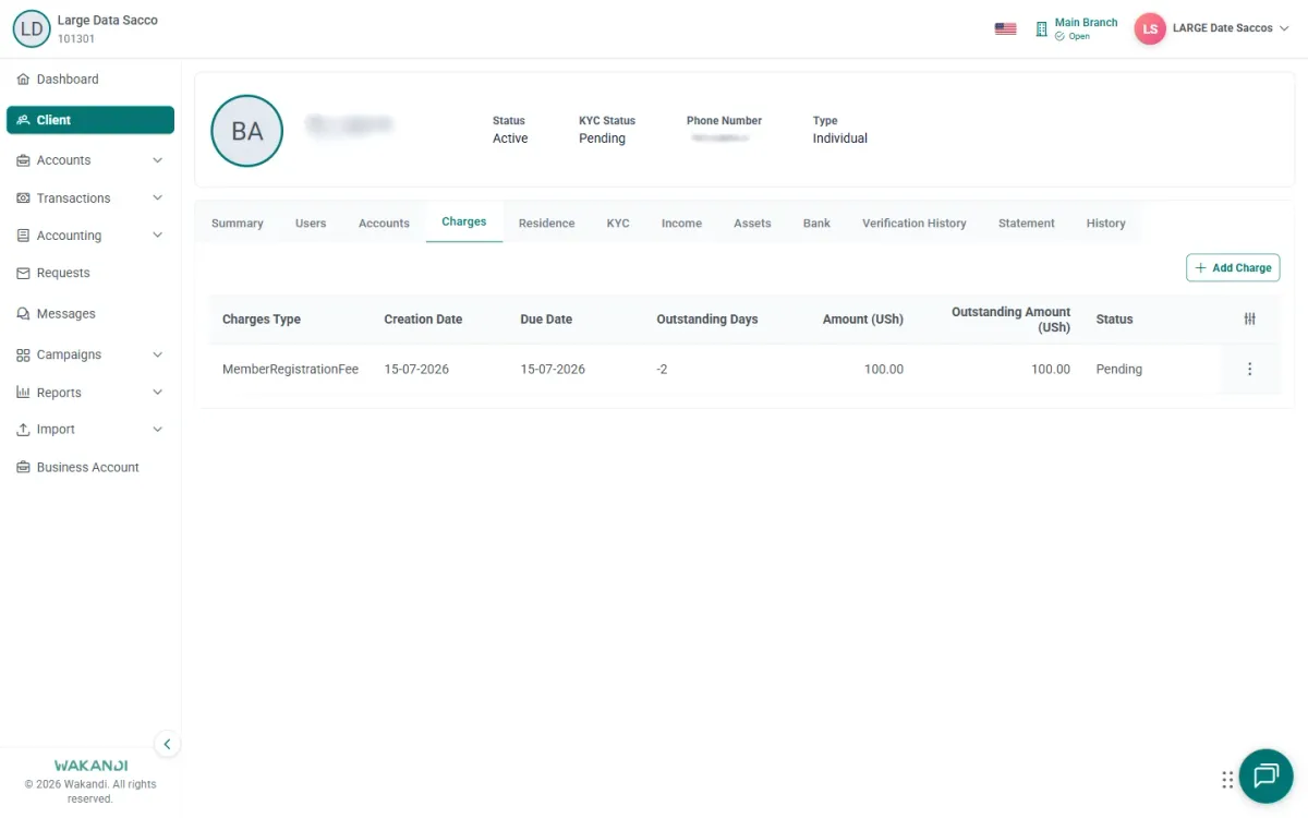 Member Charges tab with a registration fee row showing due date, amounts, Pending status and Add Charge