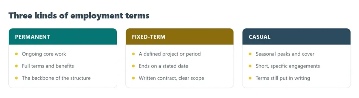 Three kinds of employment terms: permanent staff for core work, fixed-term for a defined period, and casual for seasonal cover