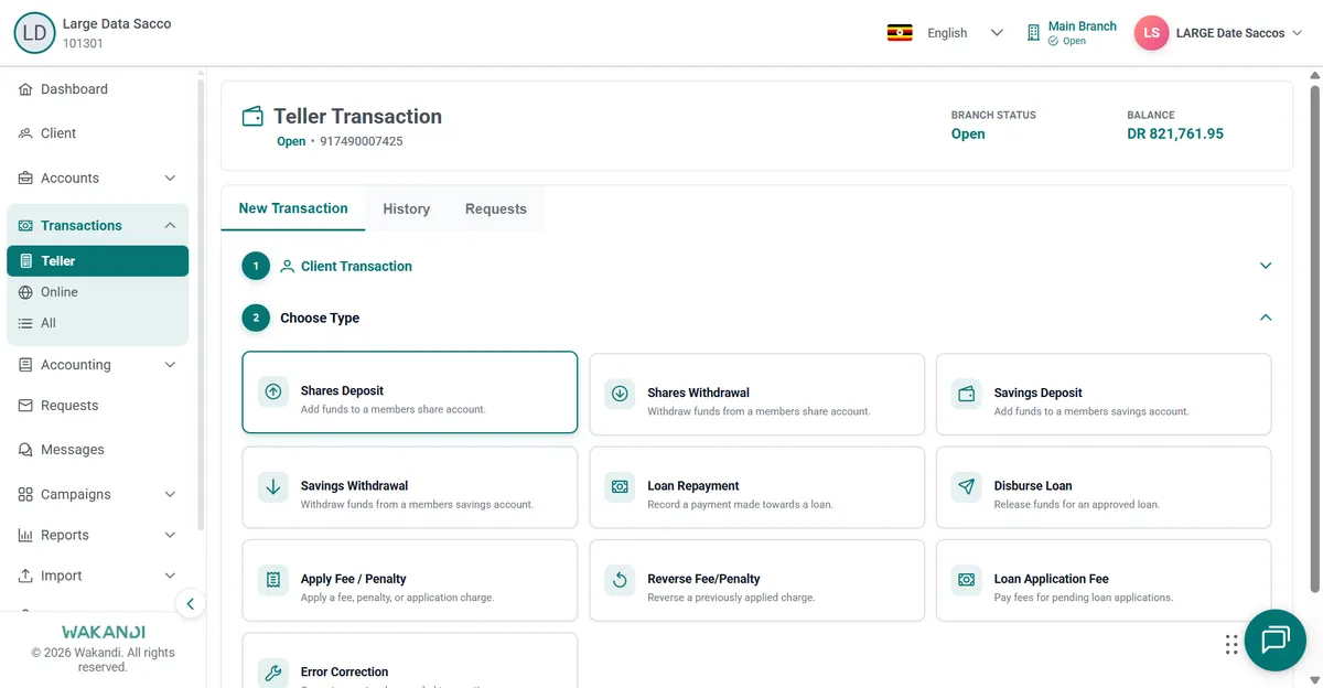 Client Transaction Choose Type cards, with Error Correction listed below Apply Fee and Reverse Fee/Penalty