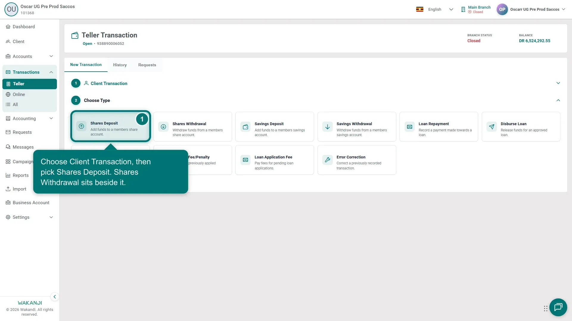 Teller Choose Type step with Shares Deposit and Shares Withdrawal tiles