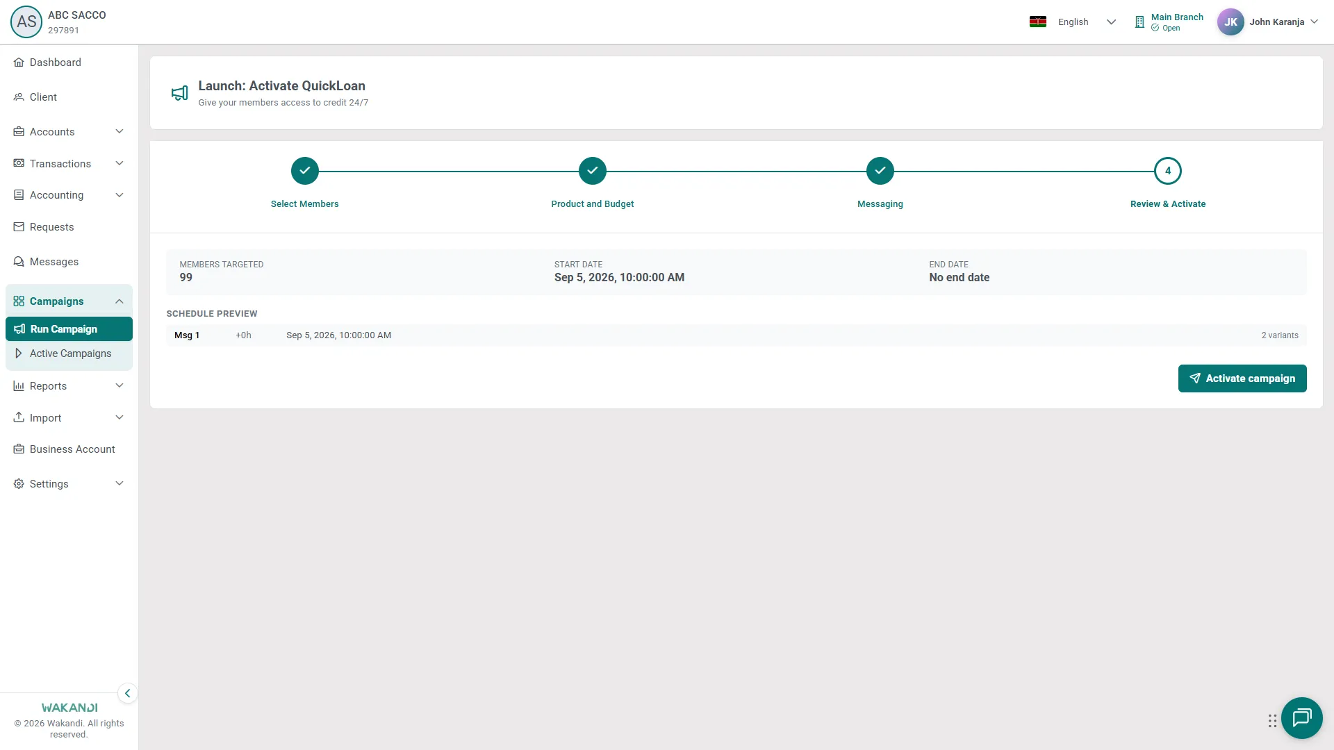 The Review and Activate step: members targeted, start and end dates, the schedule preview, and the Activate campaign button