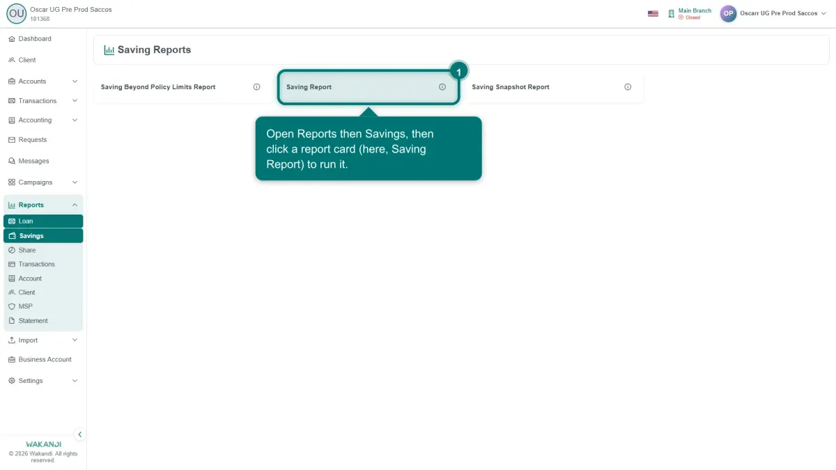 The Saving Reports hub, reached from Reports then Savings, with a card for each report: Saving Report, Saving Beyond Policy Limits Report and Saving Snapshot Report