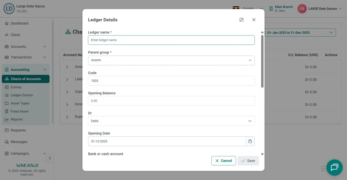 The Ledger Details dialog with ledger name, parent group, code, opening balance, debit side and opening date fields