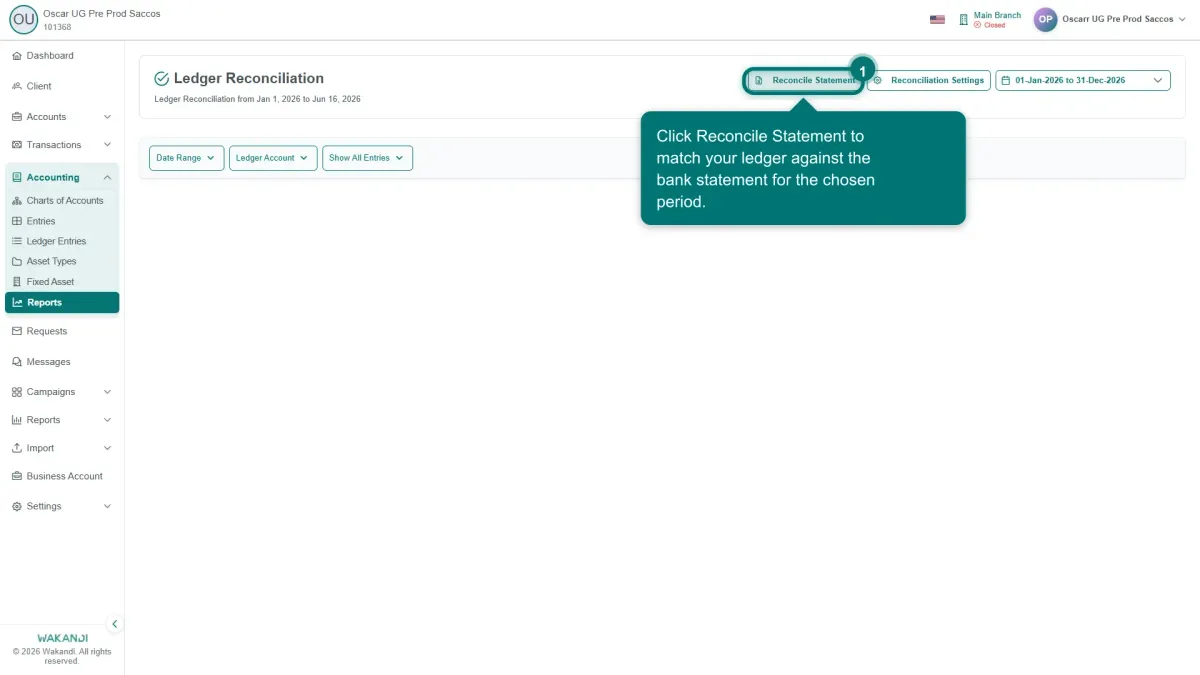 The Reconcile Ledger Balances Report open in the report viewer, with the date and branch filters above the balance columns