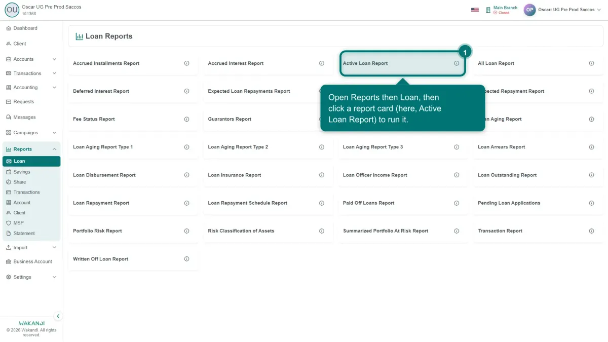 The Loan Reports hub reached from Reports then Loan, showing the grid of report cards including Active Loan Report, Loan Arrears Report, Loan Aging Report and Loan Disbursement Report