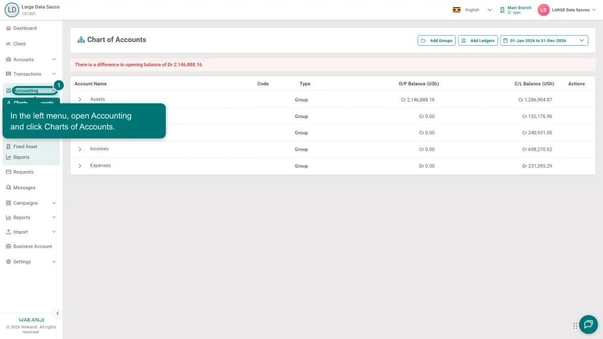 The Chart of Accounts screen, with Accounting highlighted in the left menu