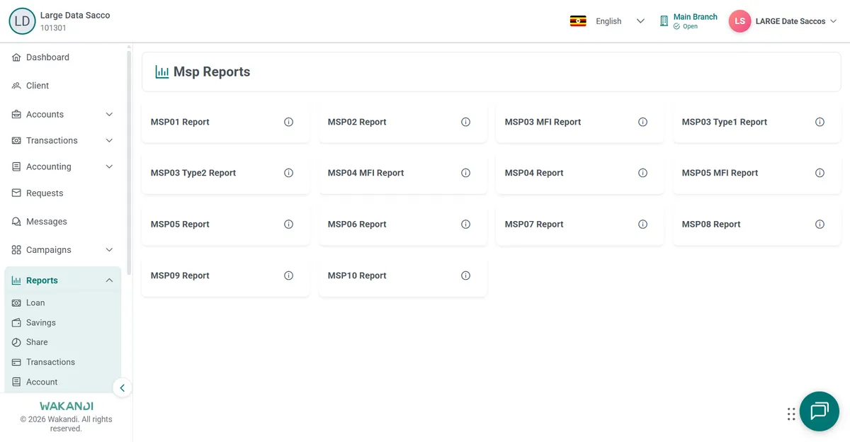 Msp Reports hub showing MSP01 to MSP10 cards alongside the MFI, Type1 and Type2 variants